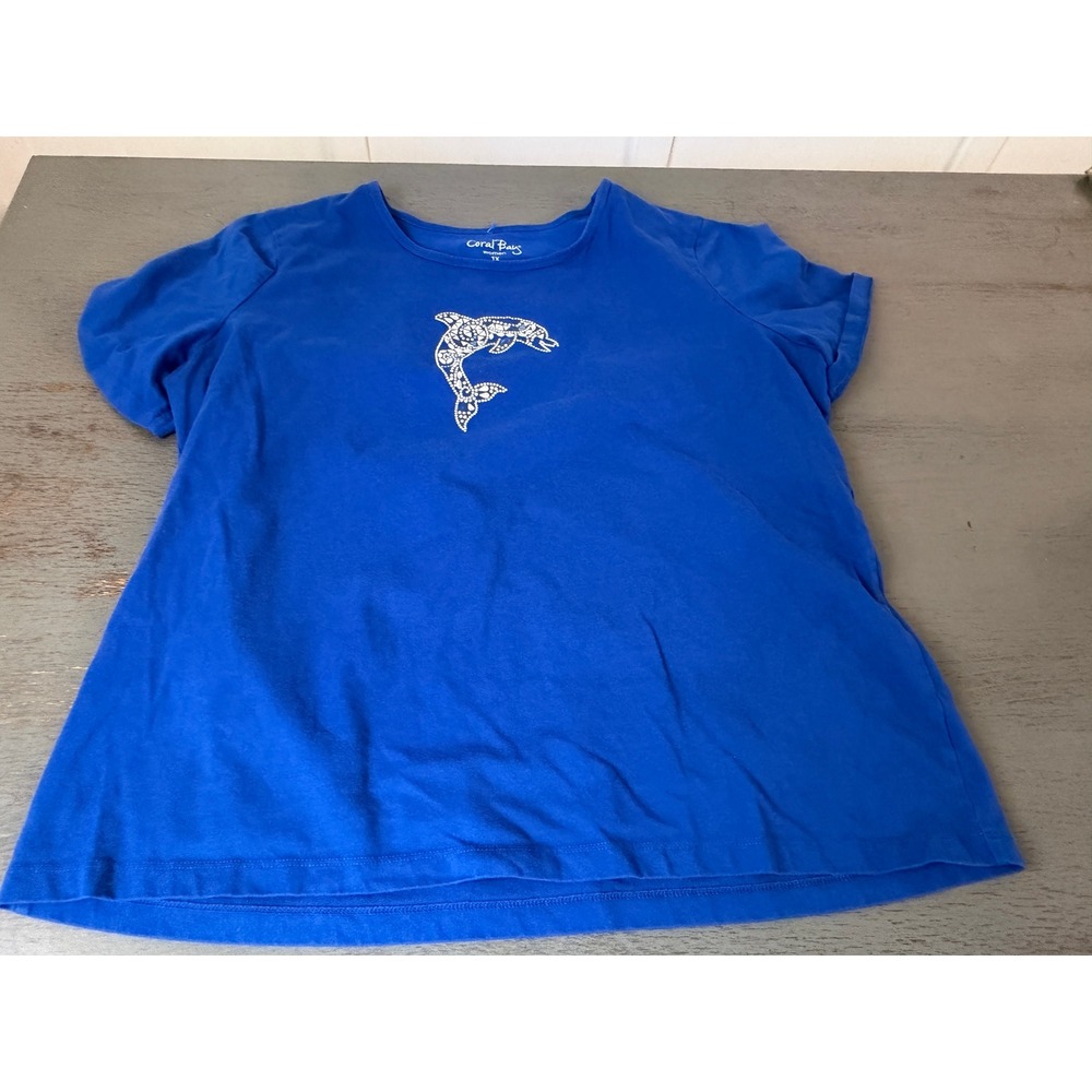Coral Bay Womens 1X Blue Dolphin Rhinestone Embellished Short Sleeve T-Shirt